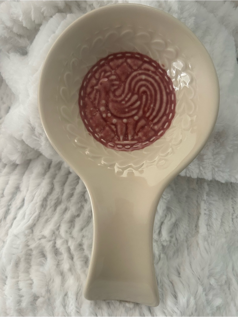 Longaberger Cream with Ref Rooster Glazed Pottery Spoon Rest